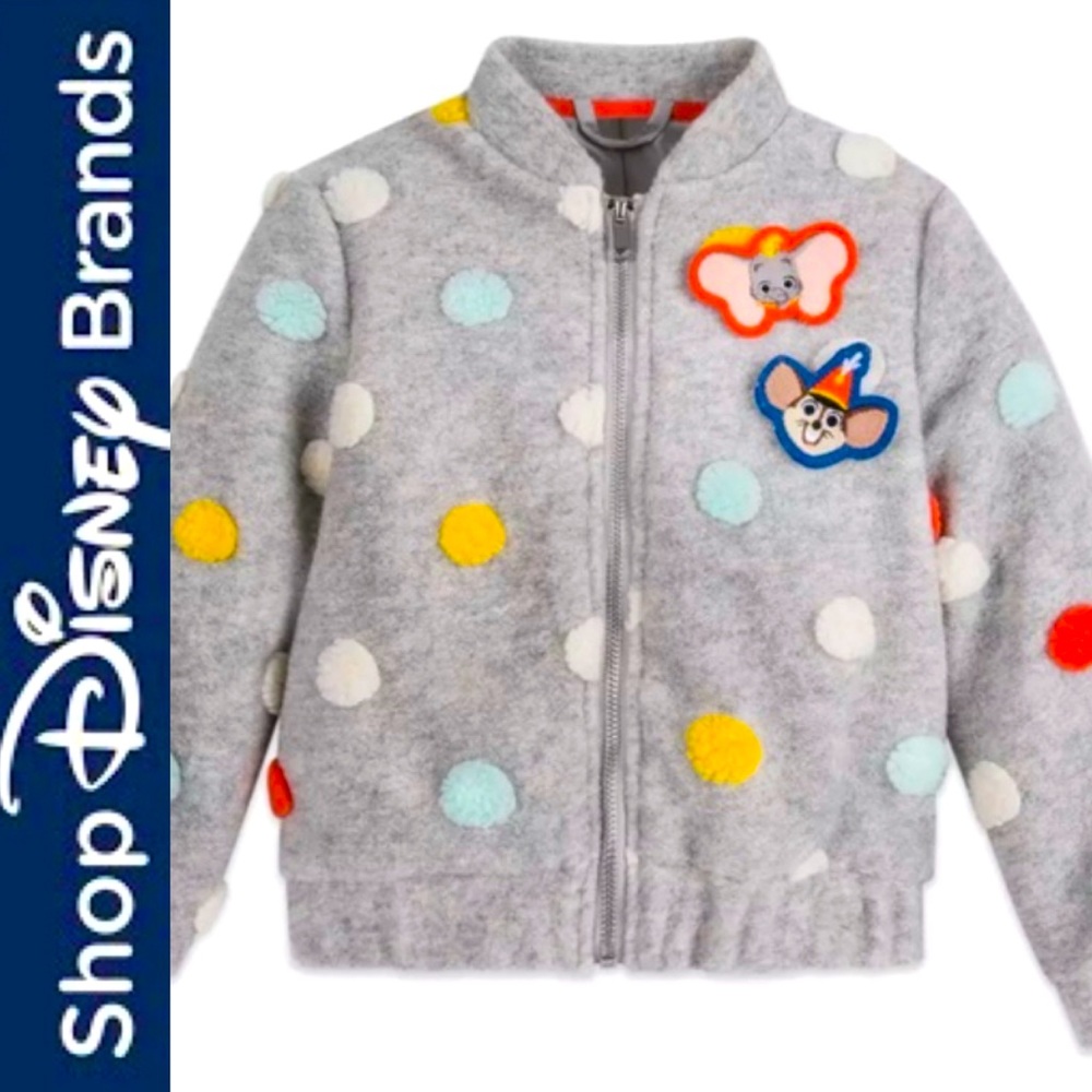 NWOT RARE DISNEY DUMBO BOMBER JACKET POLKA DOT TIMOTHY MOUSE POM POM UNISEX